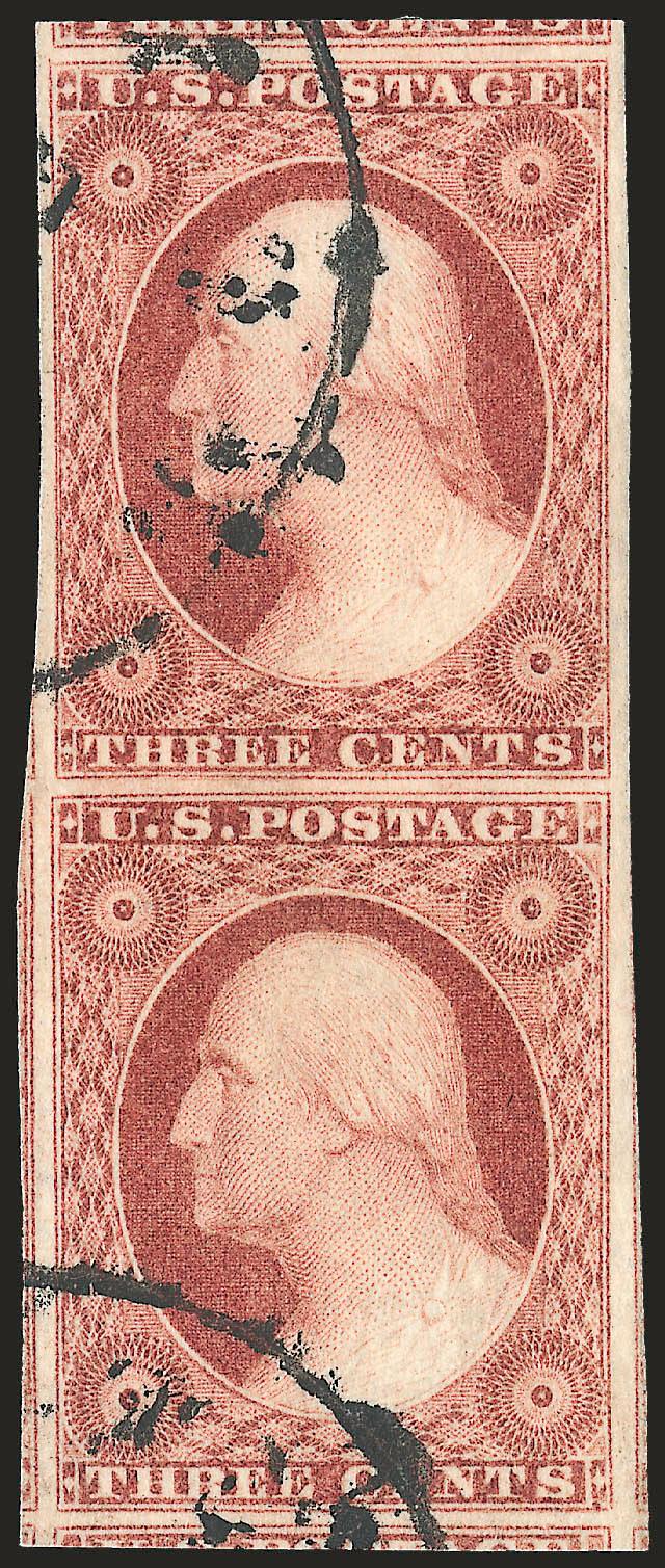 3c Claret, Ty. II (11A).> Positions 1222R3, vertical pair, large to huge margins incl. part of six adjoining stamps, intense shade and proof-like impression, neat circular datestamps, Extremely Fine, the bottom
stamp is a real Gem