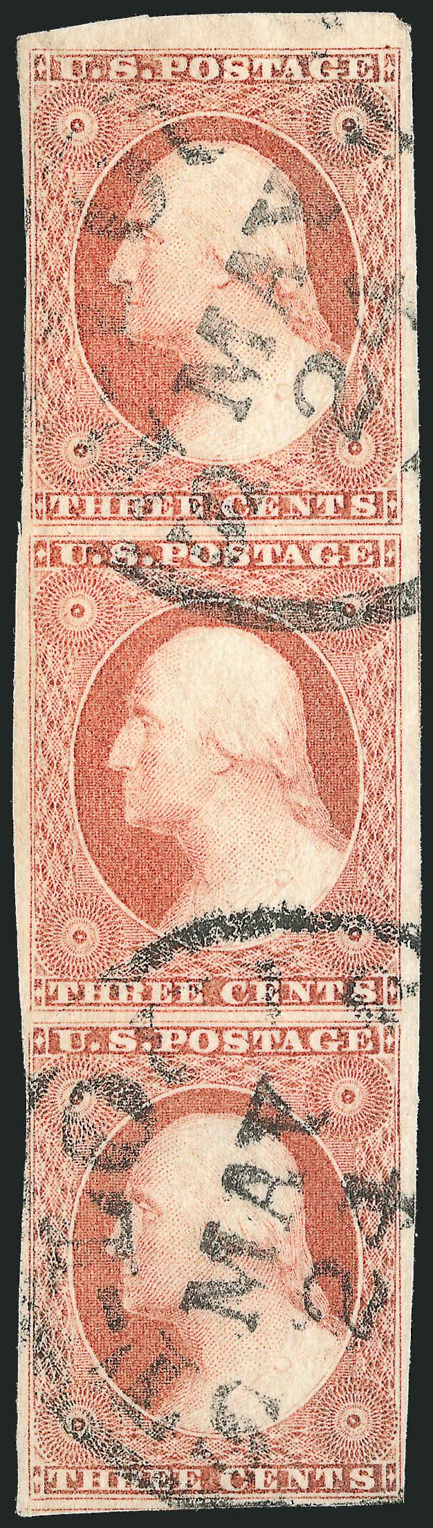 3c Dull Red, Ty. II (11A).> Vertical strip of three, ample to huge margins, part sheet margin at top, attractive color, light St. Louis Mo. circular datestamps, top and bottom Very Fine, center stamp an
Extremely Fine Gem and additionally has a face-