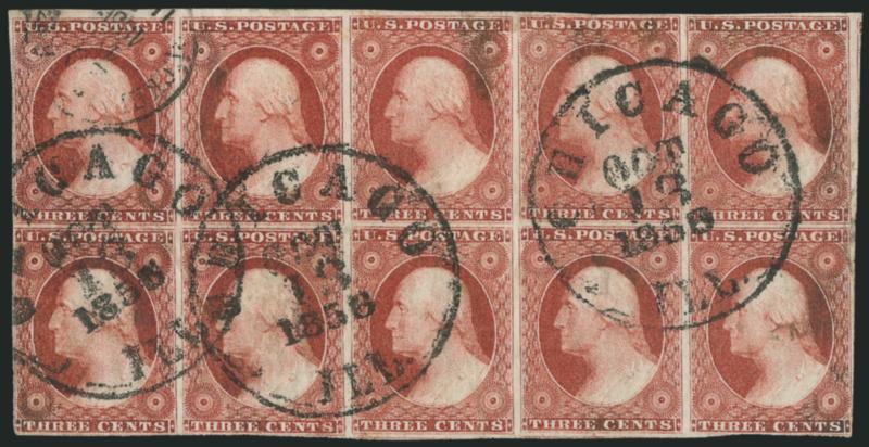 3c Dark Brownish Carmine, Ty. II (11A).> Horizontal block of ten, clear to huge margins, rich color, three with small thin spots and two with a light crease, bold Chicago Ill. Oct. 13, 1856 circular datestamps
and another marking at top left, proba
