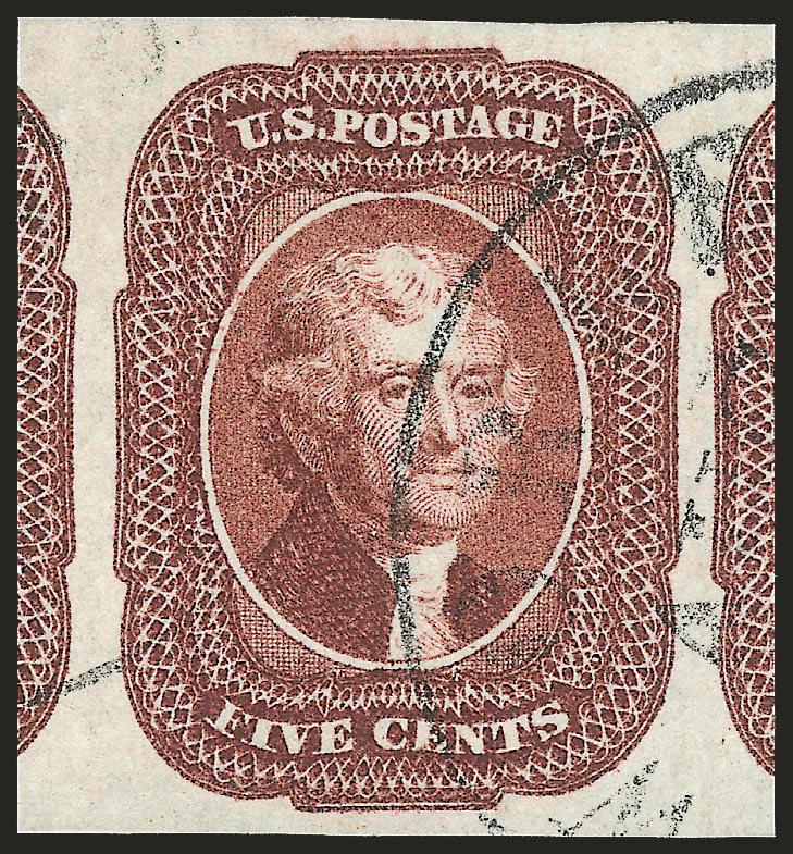 5c Red Brown (12).> Huge margins all around incl. significant portions of adjoining stamps at sides, radiant color on bright paper, unobtrusive strikes of New Orleans circular datestamp<><>^EXTREMELY FINE GEM.
A STUNNING USED EXAMPLE OF THE 5-CENT