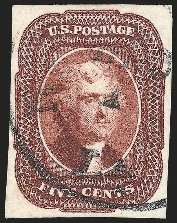 5c Red Brown (12 var).> Large balanced margins, deep rich color, neat strike of New Orleans circular datestamp, Extremely Fine, with 1988 P.F. and 2007 P.S.E. certificates (XF 90 SMQ $1,000.00)