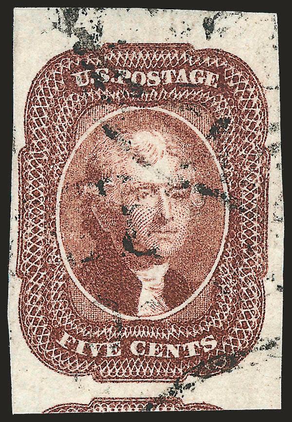5c Red Brown (12).> Enormous margins incl. <top sheet margin> and part of adjoining stamp at bottom, bright color, neat circular datestamp, Extremely Fine, a huge stamp and especially desirable with the sheet
margin, signed Ashbrook