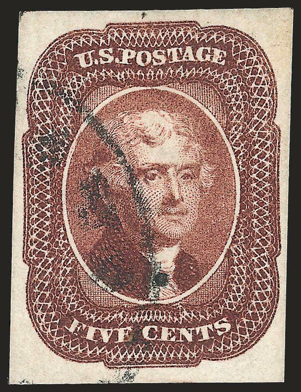 5c Red Brown (12).> Large margins, unobtrusive circular datestamp, pen ms. 70 70 notation on back, Extremely Fine, with 2005 P.S.E. certificate (VF-XF 85 SMQ $810.00)