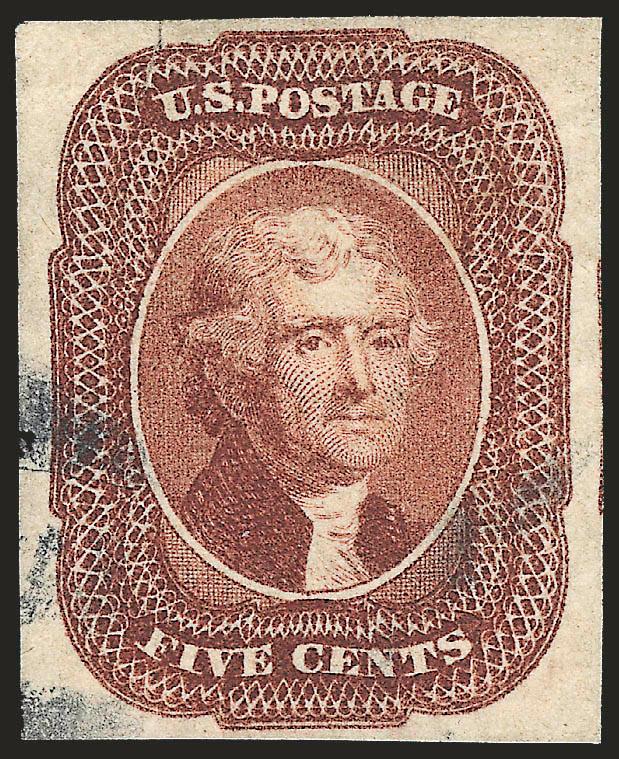 5c Red Brown (12).> Large margins all around, rich color, face-free handstamp, ms. cancel removed, sealed tear at top left, otherwise Extremely Fine