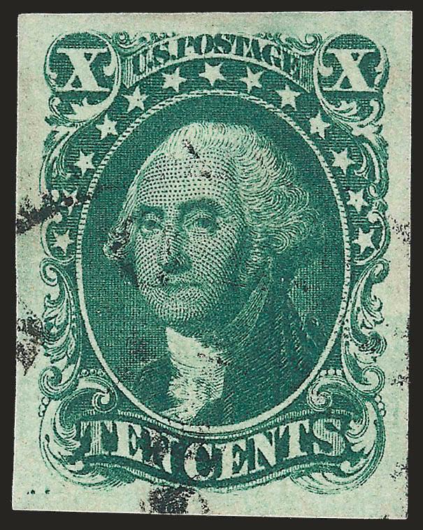 10c Green, Ty. I (13).> Large even margins all around, rich color, detailed impression, unobtrusive cancel<><>^EXTREMELY FINE GEM. A STUNNING USED EXAMPLE OF THE 1855 10-CENT TYPE I IMPERFORATE, WHICH HAS BEEN
GRADED SUPERB 98 BY P.S.E.^<><>Ex Wa