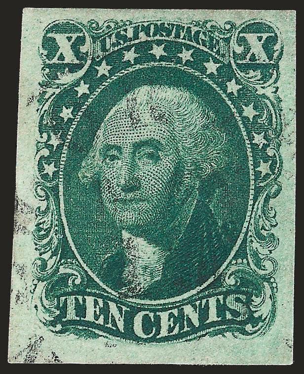 10c Green, Ty. II (14).> Large margins, deep rich color and proof-like impression, face-free cancel, Extremely Fine