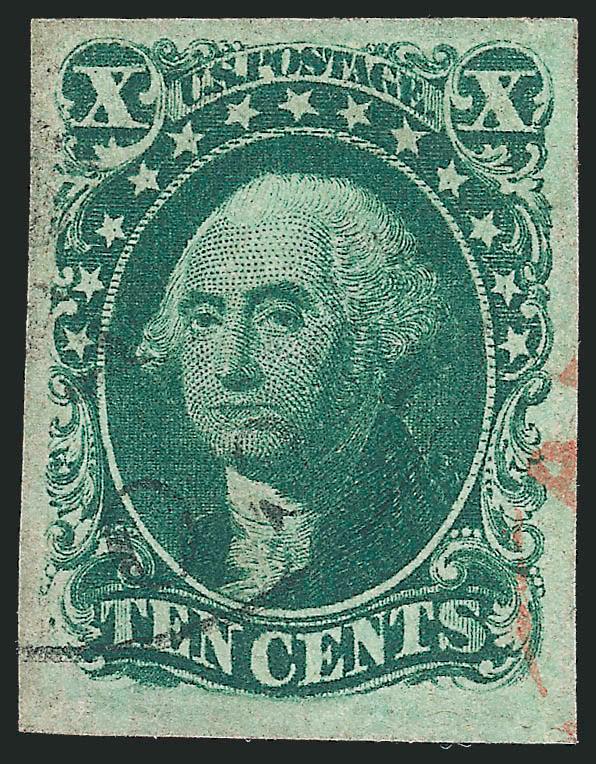 10c Green, Ty. II (14).> Large margins, beautiful deep shade, light strike of black circular datestamp and trace of red transit at right, Extremely Fine, with 1998 P.F. and 2005 P.S.E. certificates (XF 90 SMQ
$320.00)
