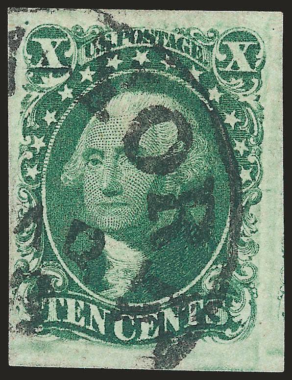 10c Green, Ty. II (14).> Huge margins to full at left, rich color, bold strike of circular datestamp, Very Fine and choice, ex Klein