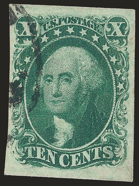 10c Green, Ty. II (14).> Huge margins to full at left, wonderful deep rich color, face-free strike of circular datestamp, Very Fine and choice, with 2007 P.F. certificate
