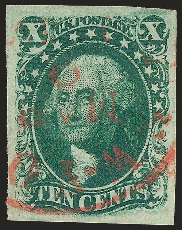10c Green, Ty. III (15).> Large balanced margins, intense shade beautifully complemented by <red New York circular datestamp,> faint ms. offset on back from address mentioned only for complete accuracy,
Extremely Fine Gem, unlike its later Type V per