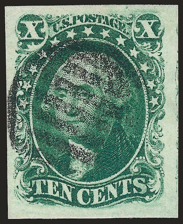 10c Green, Ty. III (15).> Huge margins incl. part of adjoining stamp at right, radiant color on crisp paper, bold strike of grid cancel, Extremely Fine