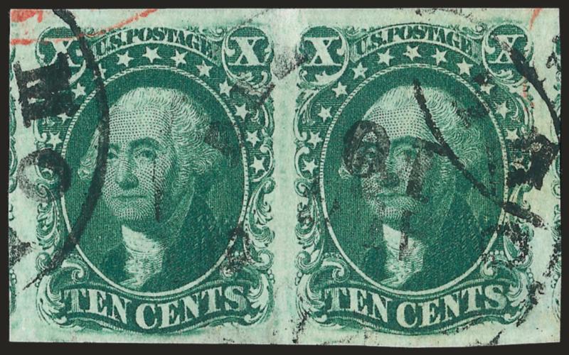 10c Green, Ty. III-IV (15-16).> Horizontal pair, Positions 63-64L1, <right stamp recut at top and bottom,> huge margins all around incl. part of adjoining stamps at sides, rich color on bright paper, neat
strikes of circular datestamp and also red ca