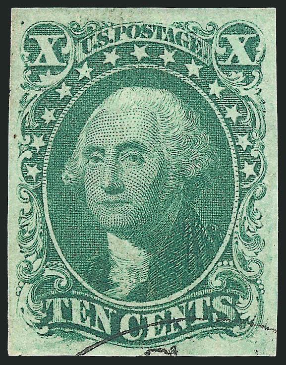 10c Green, Ty. IV (16).> Position 76L1, recut at bottom, large and balanced margins, gorgeous color and sharp impression, lightly cancelled at bottom leaving the design clearly visible<><>^EXTREMELY FINE. A
MAGNIFICENT USED EXAMPLE OF THE 1855 10-C
