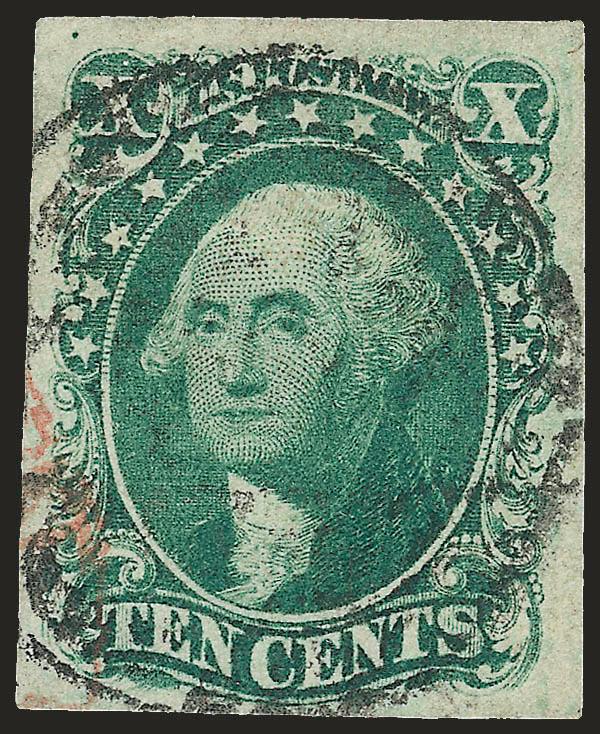 10c Green, Ty. IV (16).> Position 55L1, recut at bottom, large margins to full, portrait nicely framed by circular datestamp and with trace of red cancel at left, pretty color, Very Fine and choice, with 1975
and 1994 P.F. certificates