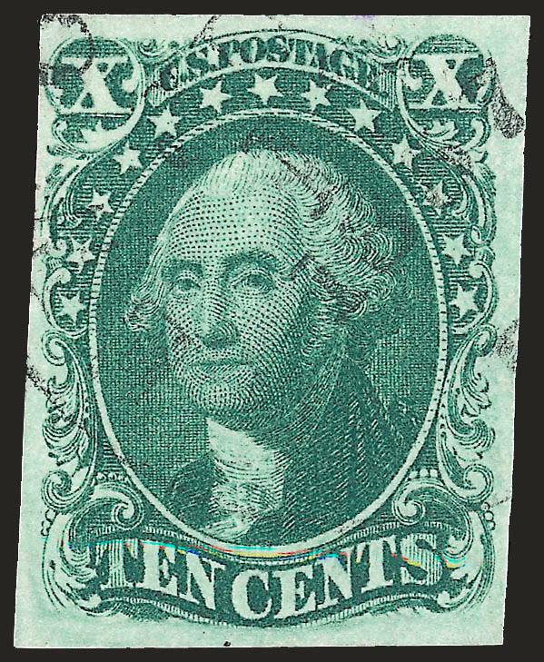 10c Green, Ty. IV (16).> Position 3R1, the so-called misplaced relief position, recut at top, ample to large margins, wonderful color, light 1857 circular datestamp, Very Fine, with 2009 P.S.E.
certificate
