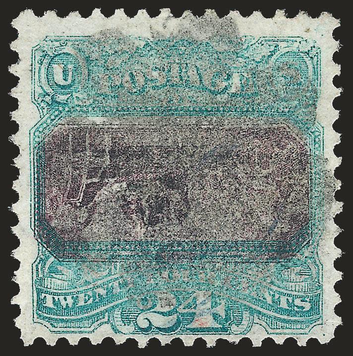 24c Green & Violet, Center Inverted (120b).> Bright colors, neat strike of rosette cancel, small sealed tear at left and expertly repaired<><>^VERY FINE APPEARING EXAMPLE OF THE 24-CENT 1869 INVERT.^<><>Our
published 1869 Invert census (with unpu