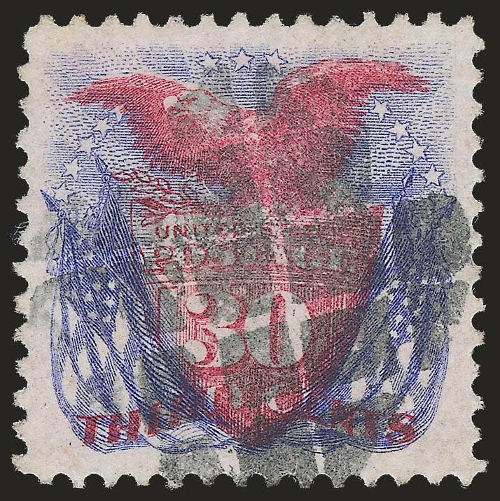 30c Ultramarine & Carmine (121).> Deep rich colors and proof-like impressions, bold strike of segmented cork cancels, unusually choice centering<><>^FRESH AND EXTREMELY FINE USED EXAMPLE OF THE 30-CENT 1869
PICTORIAL ISSUE.^<><>Ex Hansen. With 20
