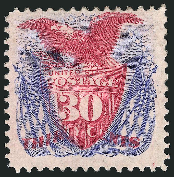 30c Ultramarine & Carmine, Without Grill (121a).> Part original gum which is slightly disturbed (described on accompanying certificate as original gum), deep rich colors<><>^FINE. A HANDSOME EXAMPLE OF THE
30-CENT 1869 PICTORIAL WITHOUT GRILL.^<