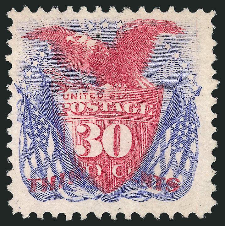 30c Ultramarine & Carmine, Without Grill (121a).> Unused (no gum), tiny natural inclusion speck at top<><>^FINE. A FRESH AND ATTRACTIVE EXAMPLE OF THE 30-CENT 1869 PICTORIAL WITHOUT GRILL.^<><>With 2009 P.S.E.
certificate. Scott Retail as with or