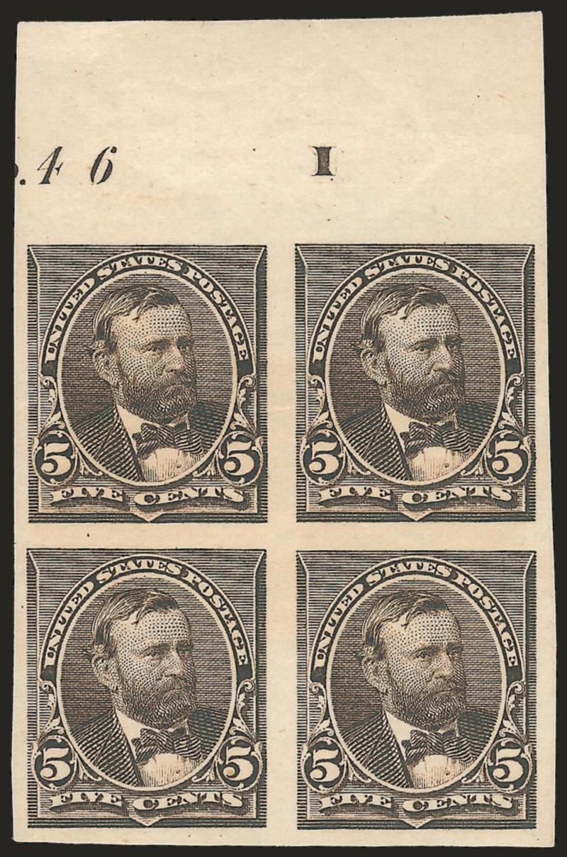 5c Chocolate, Imperforate (223b).> Top margin block of four with <letter I and part plate No. 46,> original gum, large margins, deep rich color, 2.5mm scissors cut in margin between positions 1 and 3, otherwise
Very Fine