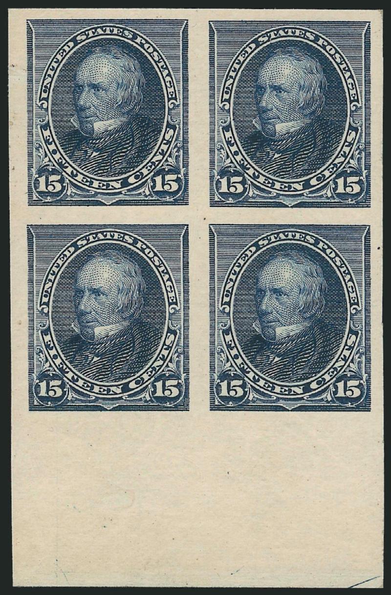 15c Indigo, Imperforate (227a).> Mint N.H. block of four with sheet margin at bottom, huge margins other sides, deep rich color and detailed impression, Extremely Fine, a beautiful block, with 1994 P.F.
certificate