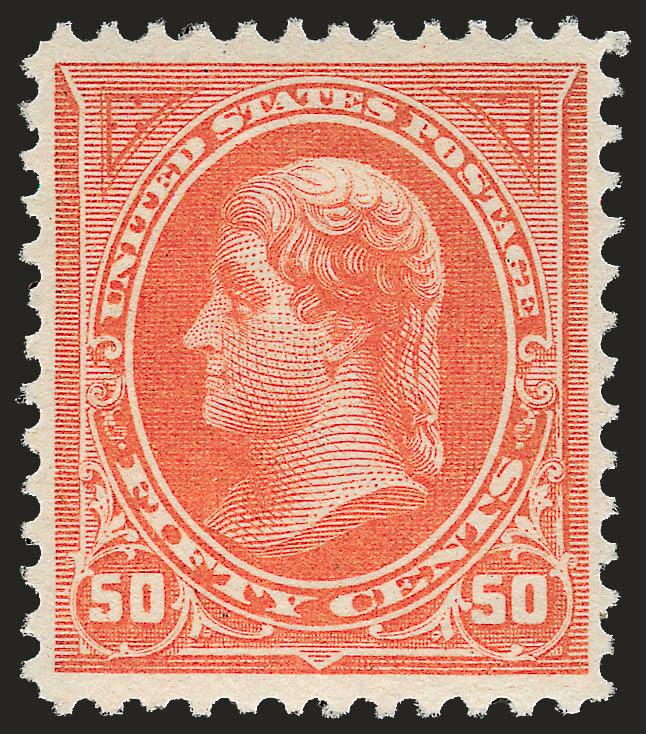 50c Orange (260).> Mint N.H., uncharacteristically choice centering, vivid bright color<><>^EXTREMELY FINE MINT NEVER-HINGED EXAMPLE OF THE 1894 50-CENT UNWATERMARKED BUREAU ISSUE. SURPRISINGLY DIFFICULT TO
FIND IN SUCH CHOICE MINT NEVER-HINGED CON