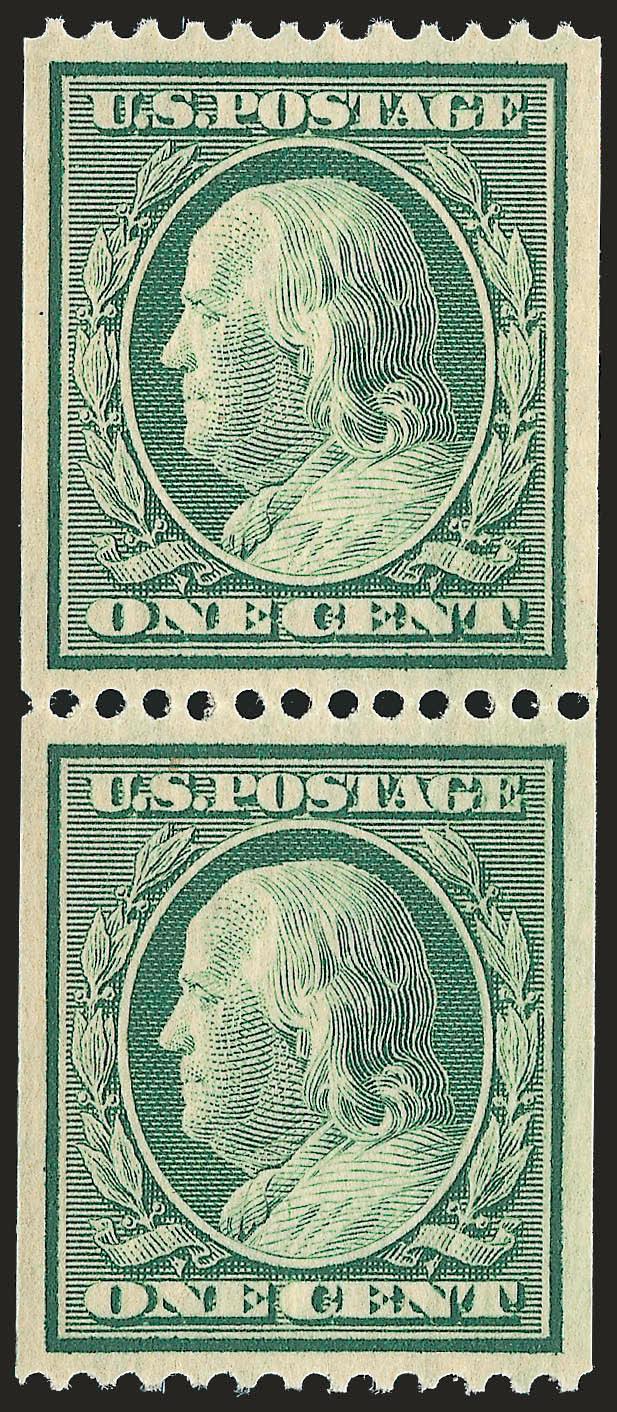 1c Green, Coil (348).> Mint N.H. pair, deep rich color and crisp impression, almost mathematically perfect centering, Extremely Fine Gem, with 1991 P.F. and 2009 P.S.E. certificates (Superb 98 SMQ
$860.00)