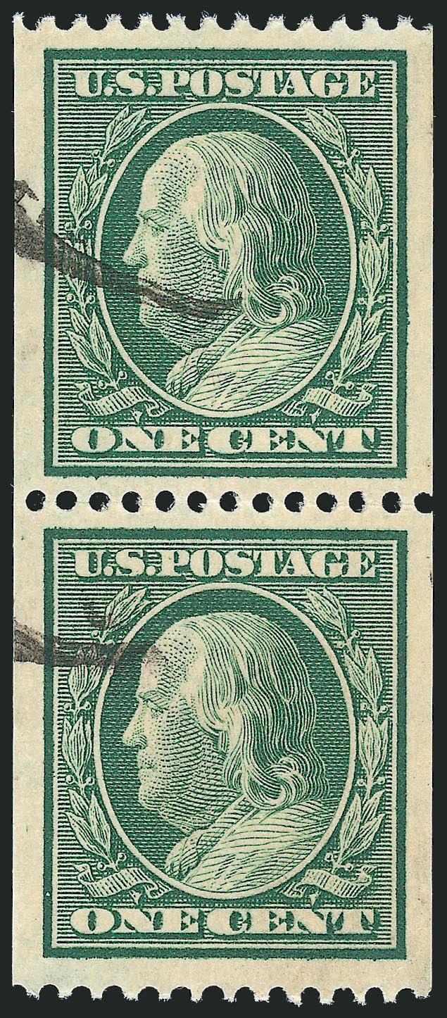 1c Green, Coil (348).> Pair, huge Jumbo margins, uncharacteristic for this coil issue, rich color, each with single line cancel, Extremely Fine Gem, with 2009 P.S.E. certificate (XF-Superb 95 Jumbo SMQ $580.00
as 95, unpriced as 98), this is the hig