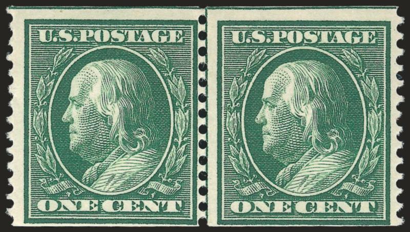 1c Green, Coil (352).> Guide line pair, deep rich color, centered to bottom but clear, Fine
