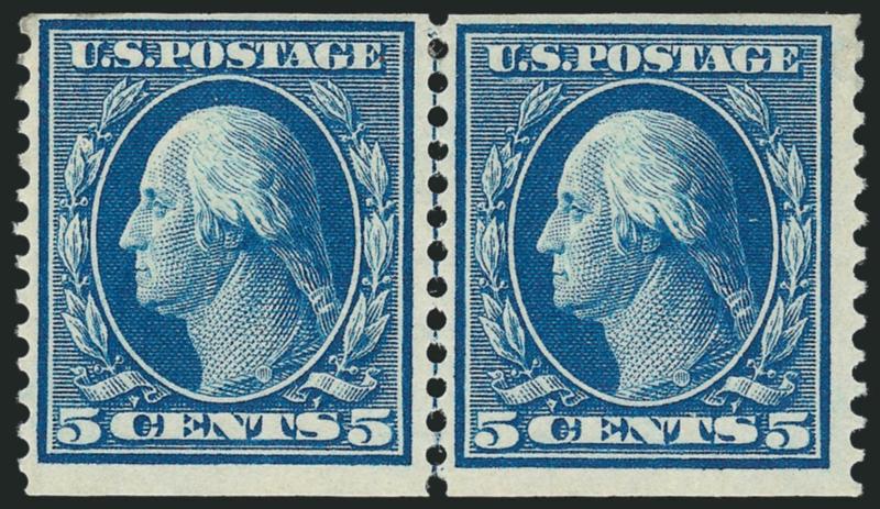 5c Blue, Coil (355).> Mint N.H. guide line pair, rich color and proof-like impression, fresh and Fine, with 2004 P.F. certificate