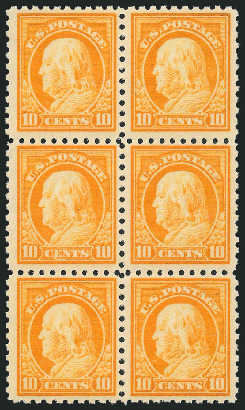 10c Orange Yellow (433).> Mint N.H. vertical block of six, glowing color, Fine-Very Fine, Scott Retail as six Mint N.H. singles