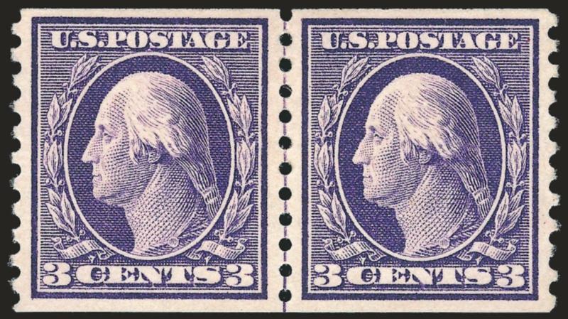 3c Violet, Coil (445).> Guide line pair, deep rich color, unusually well-centered, Extremely Fine, with 2000 P.F. and 2009 P.S.E. certificates (OGph, XF 90 SMQ 1,500.00)