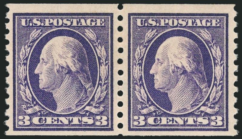 3c Deep Violet, Coil (445).> Pair, wide margins, lightly hinged, minor vertical gum bends, Very Fine, with 2009 P.F. certificate (no mention of gum bends) (OGph, VF 80)