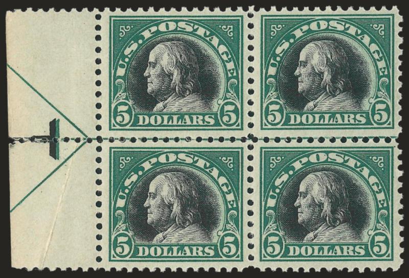 $5.00 Deep Green & Black (524).> Left arrow block of four, rich colors, some perf separations at left expertly reinforced, Very Fine appearance
