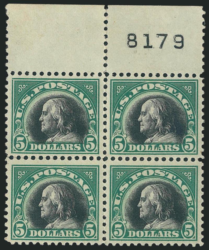 $5.00 Deep Green & Black (524).> Block of four with black plate no. 8179 at top right, barely hinged, some perf separations at left, otherwise Fine-Very Fine, Scott Retail with no premium for the
selvage
