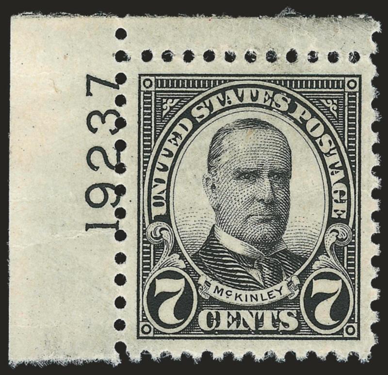 7c Black (639).> Mint N.H. with top left plate no. 19237 selvage, wide margins and essentially perfectly centered, Extremely Fine Gem, with 2007 P.S.E. certificate (XF-Superb 95 Jumbo SMQ $65.00 as 95, $200.00
as 98)