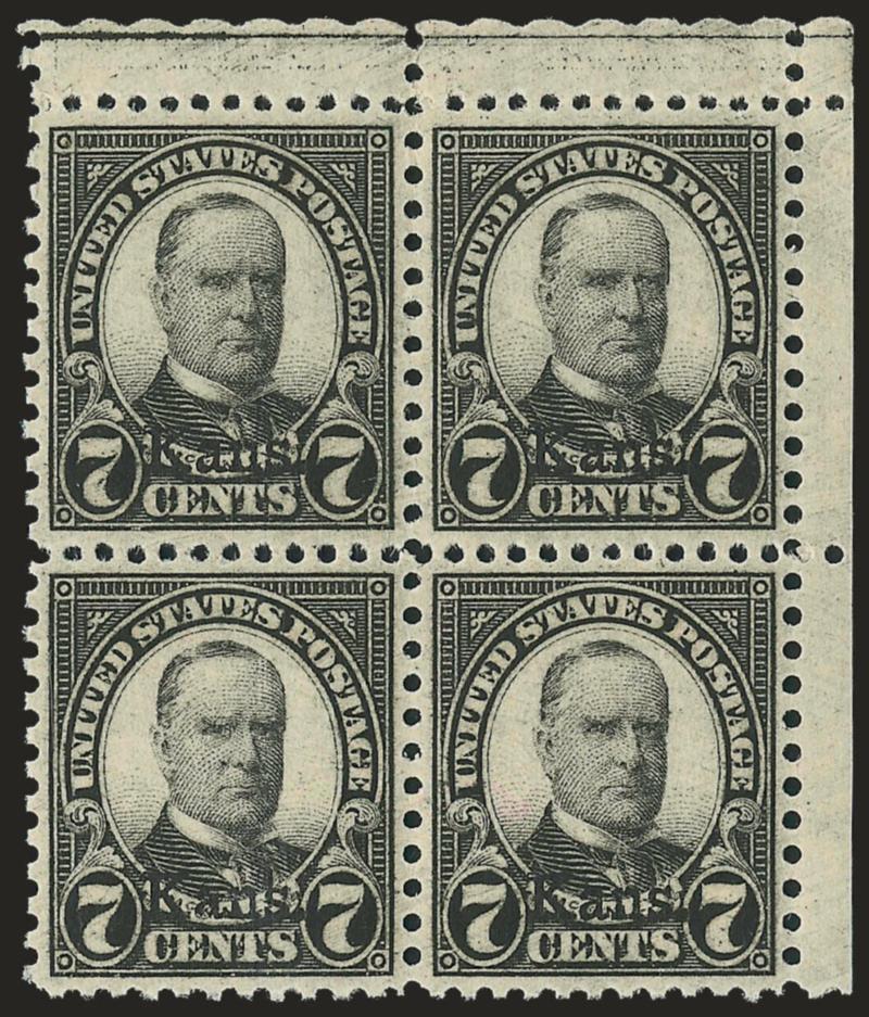 7c Kans. Ovpt. (665).> Mint N.H. block of four with top right corner selvage, exceptionally well-centered, Extremely Fine
