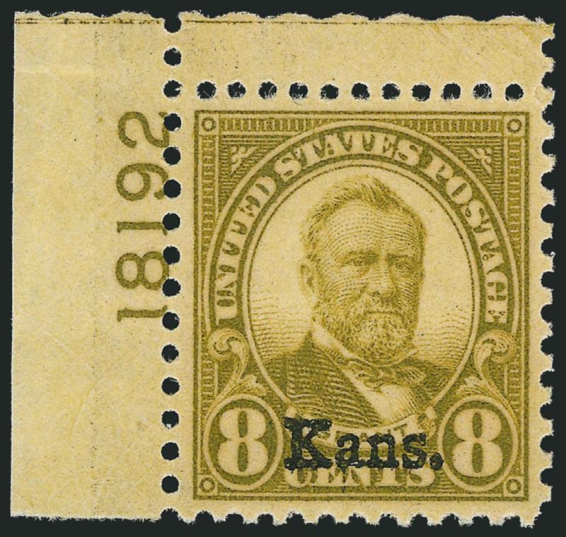 8c Kans. Ovpt. (666).> Mint N.H. with top left plate no. 18192 selvage, almost perfectly centered, vivid color, Extremely Fine Gem, with 2009 P.S.E. certificate (XF-Superb 95 SMQ $530.00)