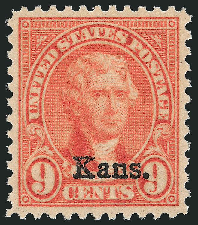 9c Kans. Ovpt. (667).> Mint N.H., perfect centering, fresh and bright, Extremely Fine Gem, with 2007 P.S.E. certificate (Superb 98 SMQ $620.00), one of only nine out of the 115 submitted for grading to have
achieved this lofty grade with none higher