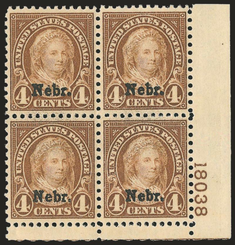 4c Nebr. Ovpt. (673).> Mint N.H. bottom right plate no. 18038 block of four, incredibly well-centered, fresh and crisp, Extremely Fine, a lovely 4c Nebr. Ovpt. plate block, with 2008 P.S.E. certificate
