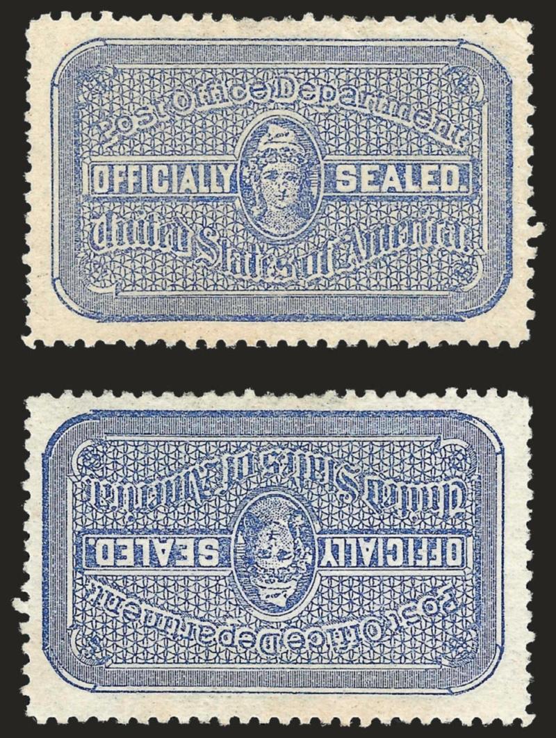 1907, Official Seal, Blue, Printed on Both Sides (OX13f).> Original gum, second impression printed under gum and nearly as strong as first, both sides well-centered -- unusual for any printed on both sides
variety, Very Fine and extremely rare, may b