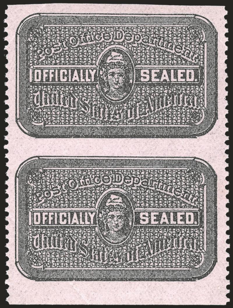 1916-1917, Official Seals, Black on Pink and White (OX17, OX17a, OX18-OX18f).> 97 unused seals on exhibit pages, range of varieties, including scarce <vertical imperforate pair of Black on Pink (OX17a)>, three
normal full panes of 20 (OX17, OX18), fu