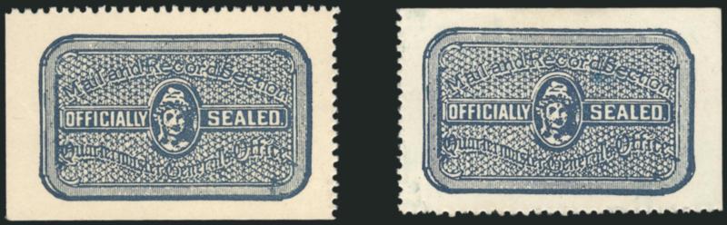 1919, Quartermaster Seal, Indigo, Perf 12 (OX19).> Two, original gum, natural s.e. two sides on each, small thin spot on one, Extremely Fine appearance, this seal was used by the Mail and Record Section of the
Quartermaster Generals Office to reseal