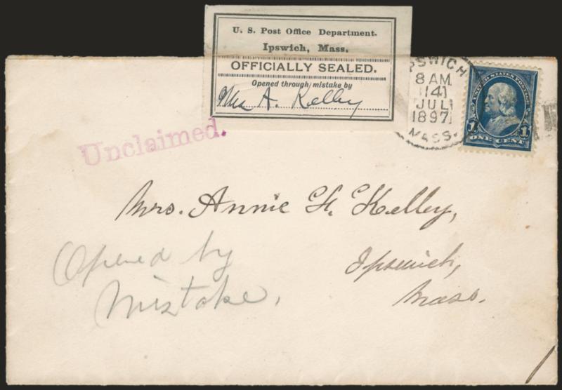 Black on White, Ipswich, Mass. Typeset Seal (LOX24).> Affixed to top of opened 1897 cover from Ipswich Mass. and mailed locally, 1c Blue (264) tied by Ipswich Mass. 8AM 14 Jul. 1897 circular datestamp, seal
tied by purple Unclaimed handstamp, ms.