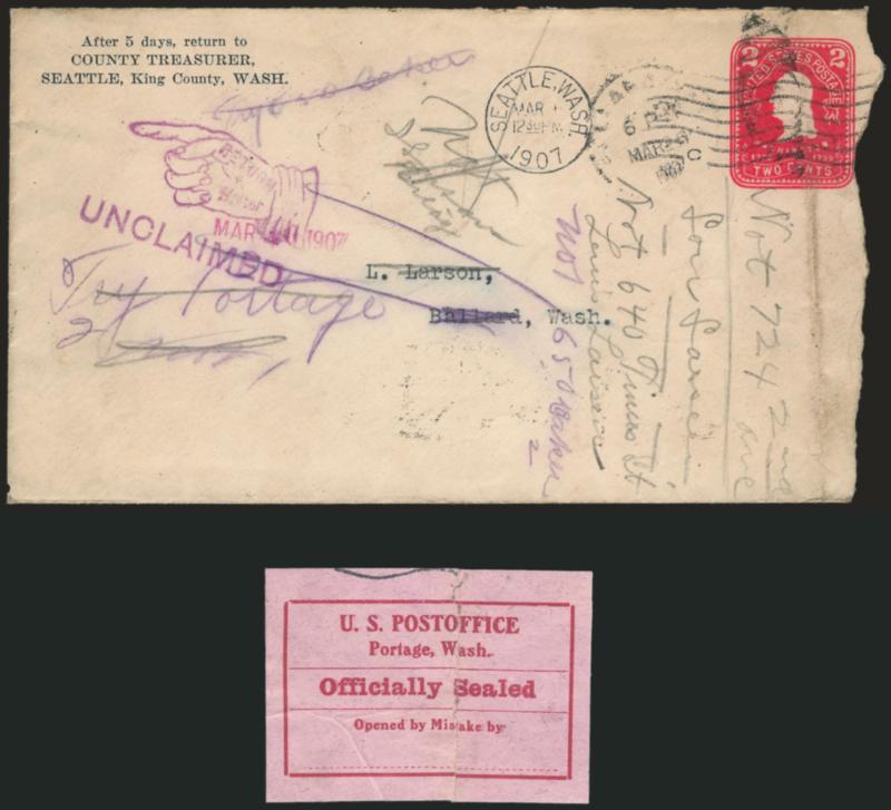 Red on Rose, Portage, Wash. Typeset Seal (LOX34).> Trace of cancel at top, torn on opening and repaired, accompanied by 2c entire from which it originated, addressed to Ballard Wash., sent to Portage and
eventually returned to writer, opened roughly