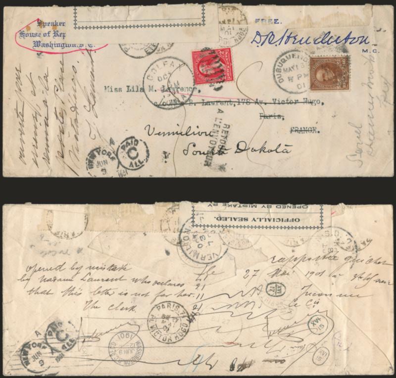 Black on White, Typeset Seal (LOX35).> Affixed over top of legal-size cover from U.S. House Speaker David B. Henderson to Paris, franked with 10c 1897 issue as free franking privileges did not extend to
international mail, Dubuque Iowa circular dates