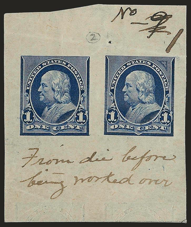 1c Blue, Die Essay on Semi-glazed White Wove Paper (247-E2a).> 50 x 60mm, showing two designs, one at left without corner triangles, design at right with experimental 15-line high triangle printed at top right
only, ms. No. 1 at top which was origi