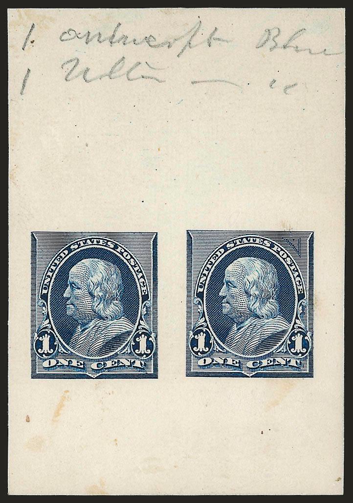 1c Blue, Die Essay on White Card (247-E2b).> 50 x 73mm, bright color, showing two designs, one at left without corner triangles, design at right with experimental 15-line high triangle printed at top right only,
pencil <<1 Antwerp Blue 1 Ultra>> at