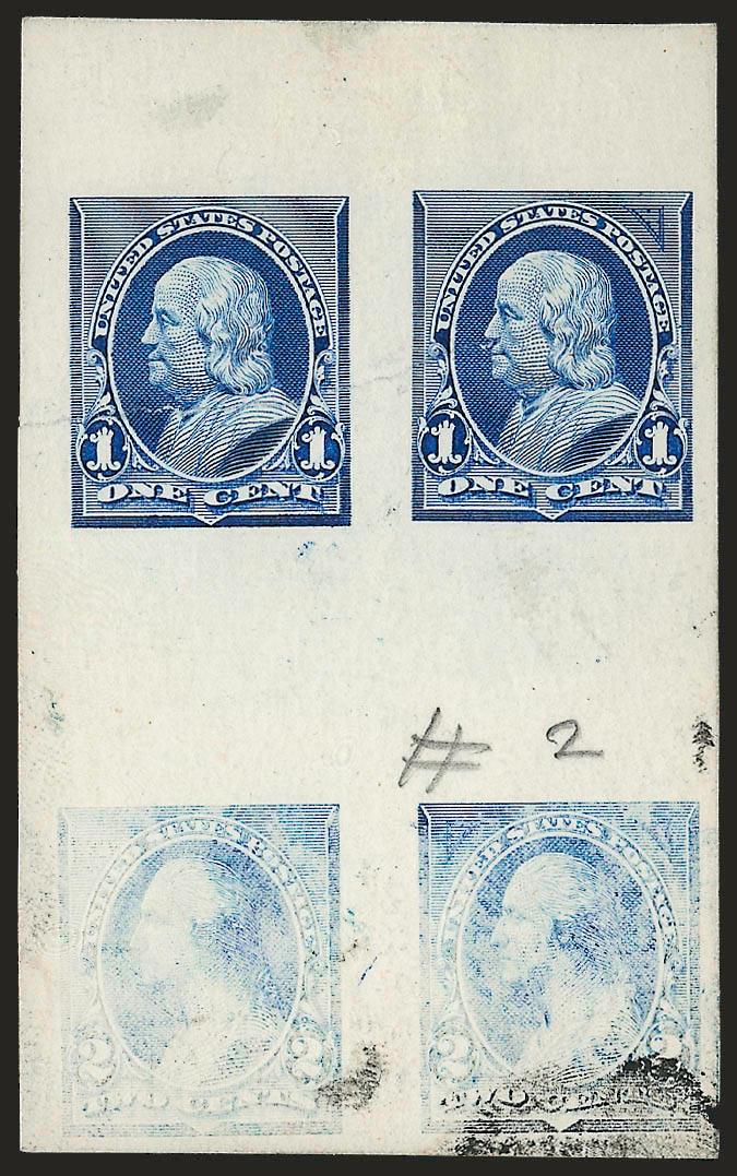 1c Blue, Die Essay on White Card (247-E2b).> 47 x 71mm, rich color, showing two designs, one at left without corner triangles, design at right with experimental 15-line high triangle printed at top right only,
pencil <<2>>, also with faintly inked