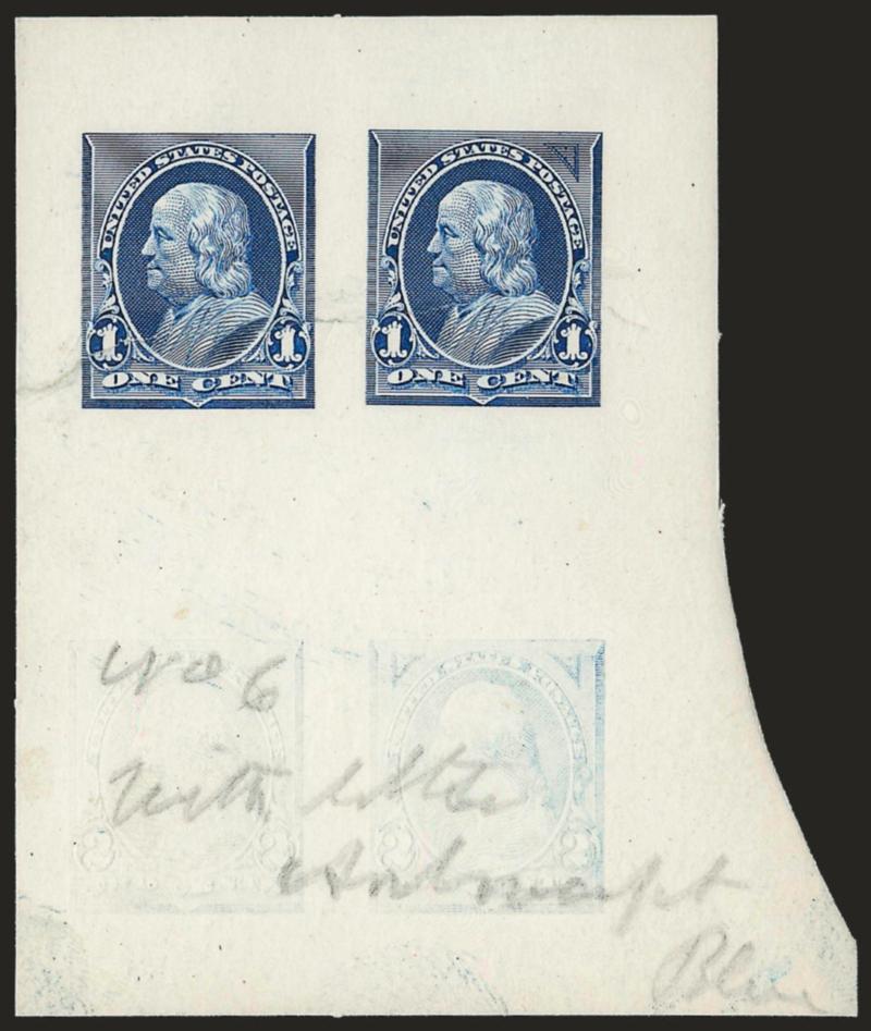1c Blue, Die Essay on White Card (247-E2b).> 56 x 67mm at the narrowest part, rich color, showing two designs, one at left without corner triangles, design at right with experimental 15-line high triangle
printed at top right only, pencil <<No. 6 Wi